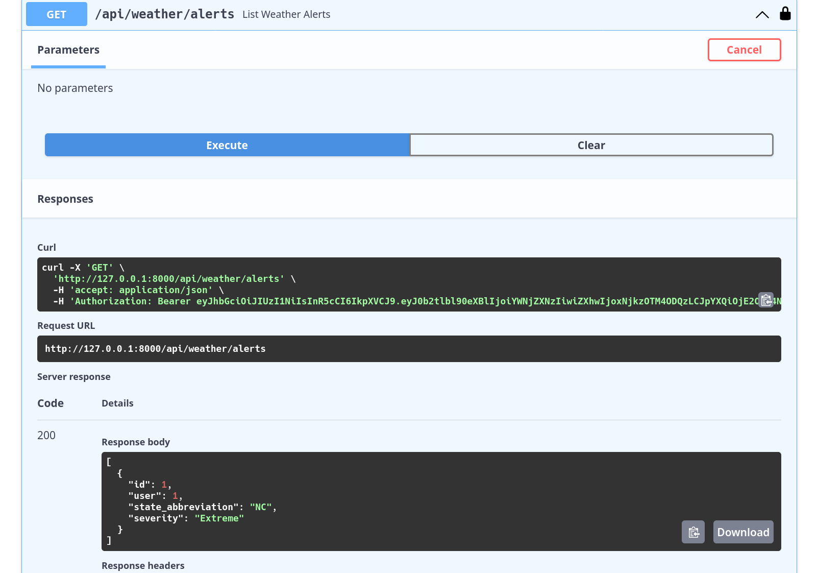API weather alerts list